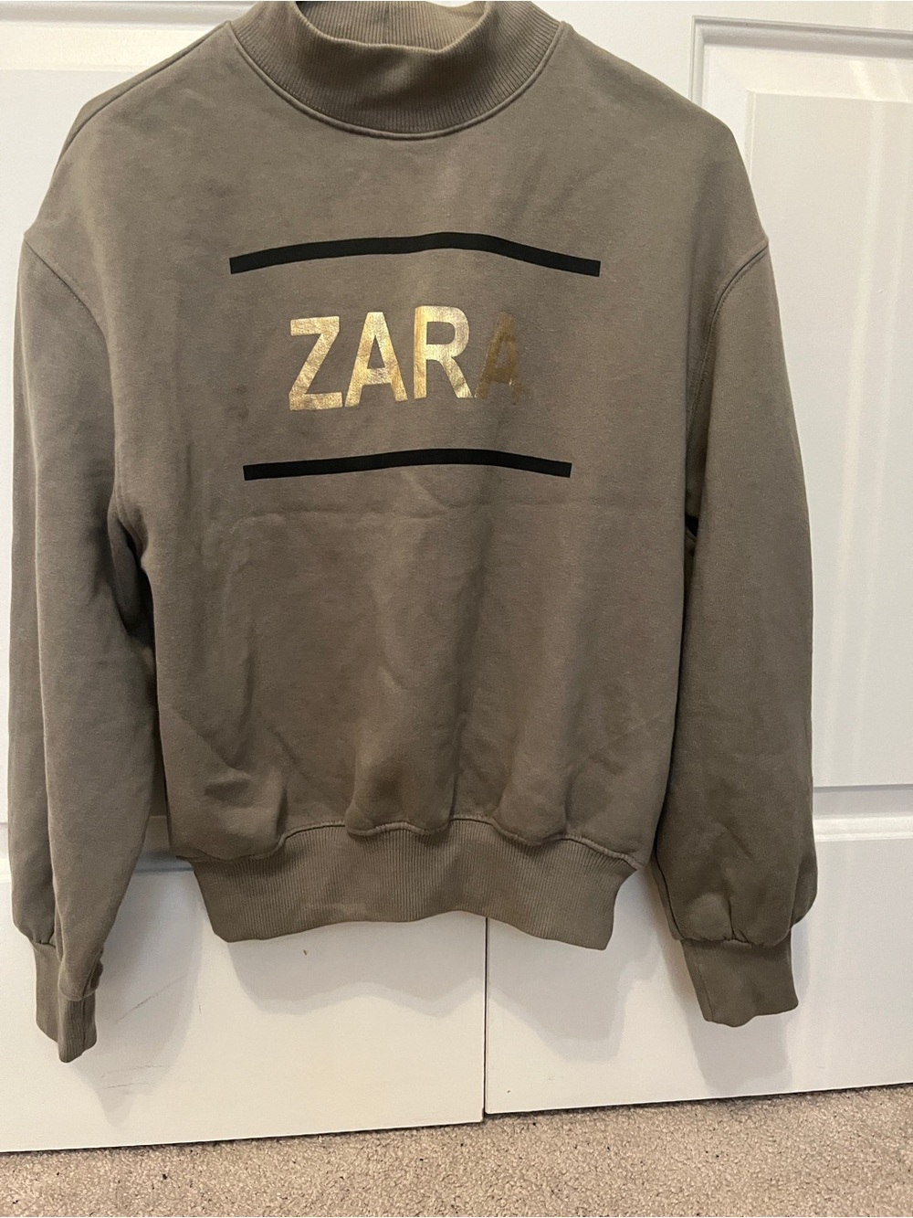 ZARA Olive Green Crewneck Sweatshirt with Gold Logo